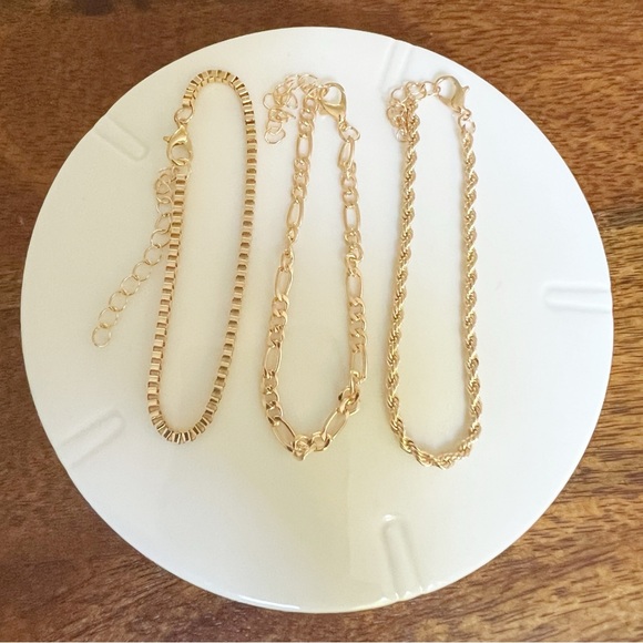 Gold tone Bracelets Layering Set of 3 NWT Curb Rope Twist and Box Chain - Picture 2 of 3